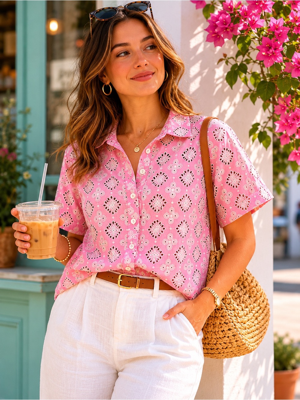 Zara Pink Eyelet Embroidered Button Front Shirt Small Cotton Blouse
